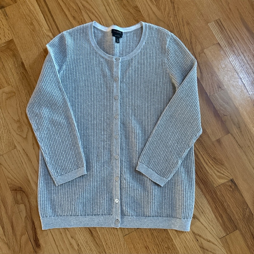 TALBOTS silver gray metallic pima cotton cardigan sweater size small holiday